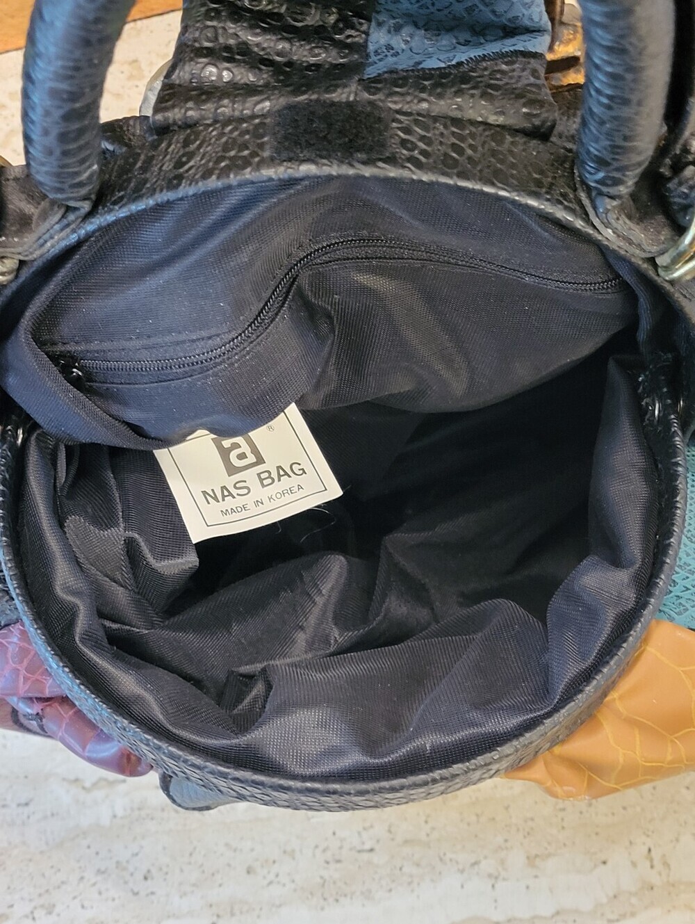 NAS Bag Faux Lizard Patchwork Vtg 80s Made In Korea Top Handle/Shoulder Strap - Picture 13 of 14